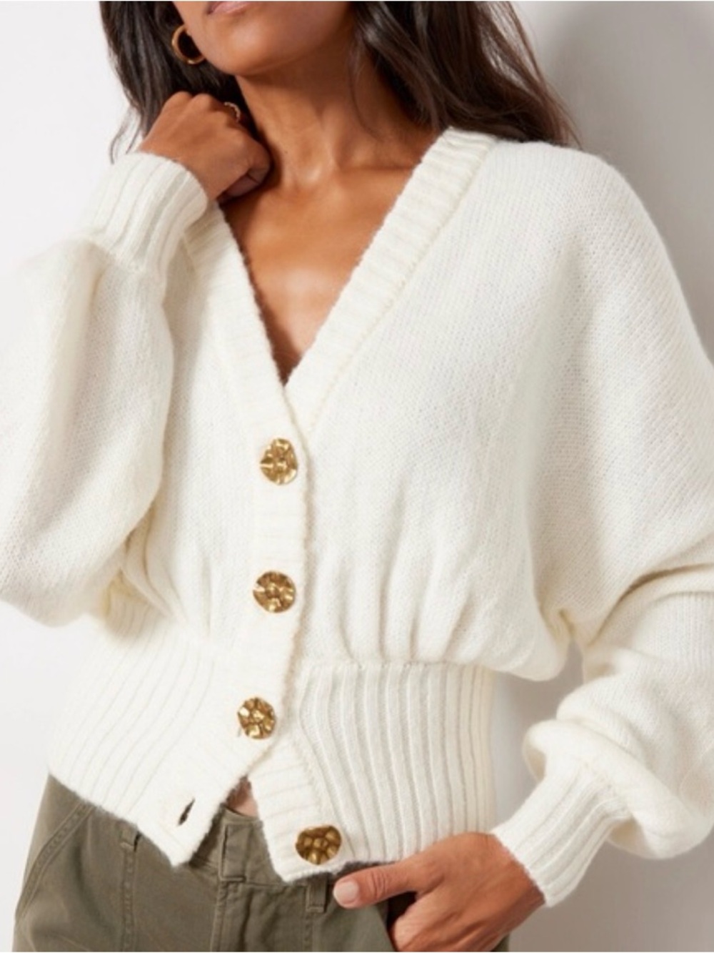 FARM Rio Cream V-Neck Cropped Cardigan with Gold Buttons